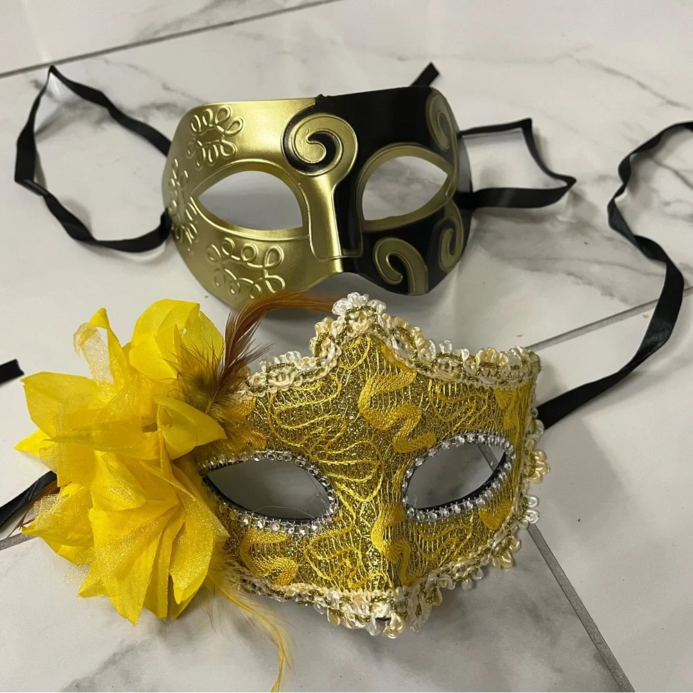 Gold & Yellow Venetian Masquerade Masks - Pair